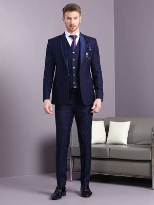 Navy blue self design jacquard suit 1