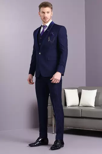 Navy blue self design jacquard suit