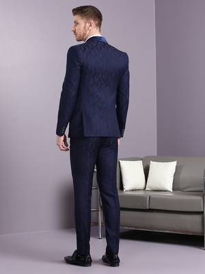 Navy blue self design jacquard suit 3