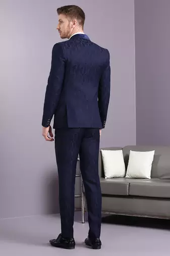 Navy blue self design jacquard suit
