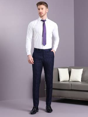 Navy blue self design jacquard suit 4