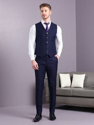 Navy blue self design jacquard suit 5