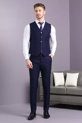 Navy blue self design jacquard suit
