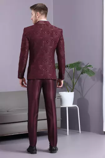 Reddish wine ethnic motif jacquard with waist belt