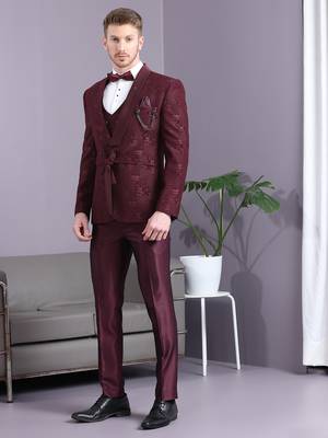 Reddish wine ethnic motif jacquard with waist belt 1