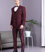 Reddish wine ethnic motif jacquard with waist belt