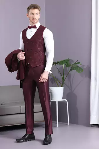 Reddish wine ethnic motif jacquard with waist belt