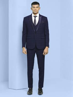 Navy blue terry rayon suit with green checks 1