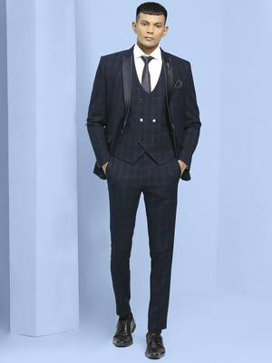 Navy blue terry rayon suit with green checks 4