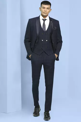 Navy blue terry rayon suit with green checks