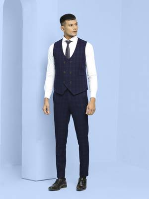 Navy blue terry rayon suit with green checks 5