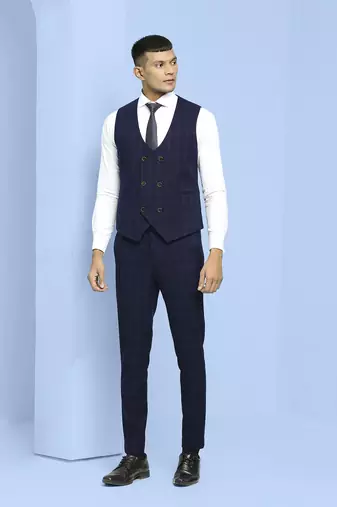 Navy blue terry rayon suit with green checks