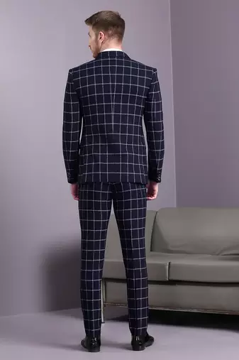 Navy blue suit with white bold checks