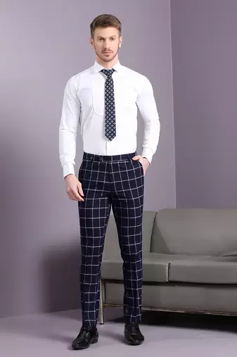 Navy blue suit with white bold checks