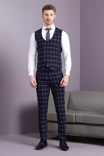 Navy blue suit with white bold checks