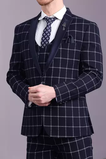 Navy blue suit with white bold checks