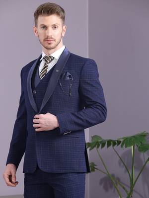 Navy blue terry rayon checks with golden lining checks 1