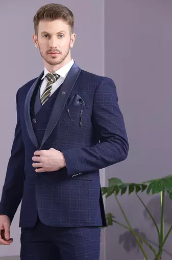 Navy blue terry rayon checks with golden lining checks