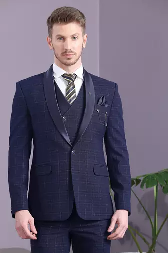 Navy blue terry rayon checks with golden lining checks
