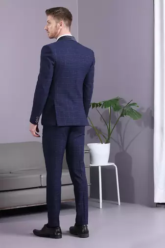 Navy blue terry rayon checks with golden lining checks