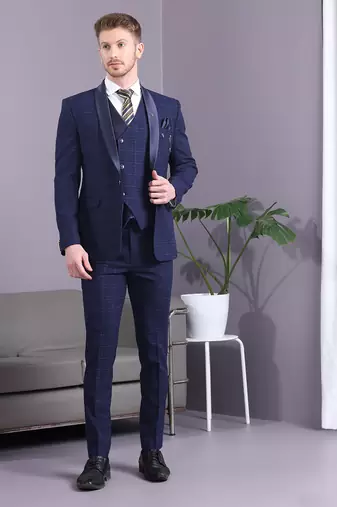 Navy blue terry rayon checks with golden lining checks