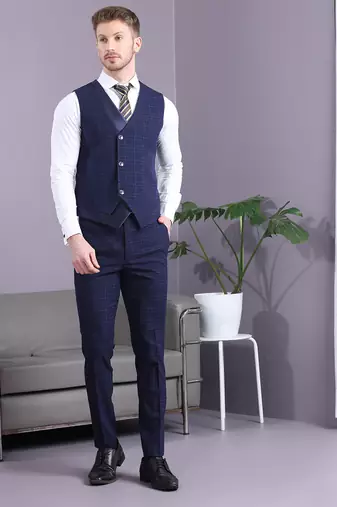 Navy blue terry rayon checks with golden lining checks