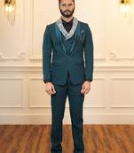 Peacock green suit with scarf attached waistcoats