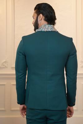 Peacock green suit with scarf attached waistcoats 3