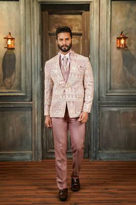 Velvet high neck suit with ethnic motif design embroidery and scarf 1