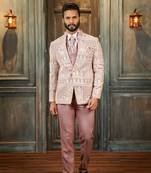 Velvet high neck suit with ethnic motif design embroidery and scarf