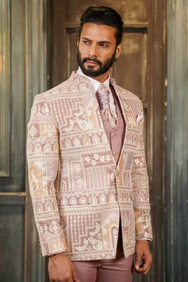 Velvet high neck suit with ethnic motif design embroidery and scarf 3