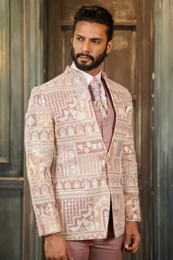Velvet high neck suit with ethnic motif design embroidery and scarf