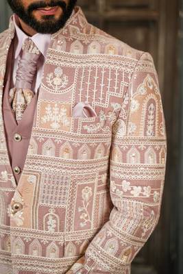 Velvet high neck suit with ethnic motif design embroidery and scarf 4