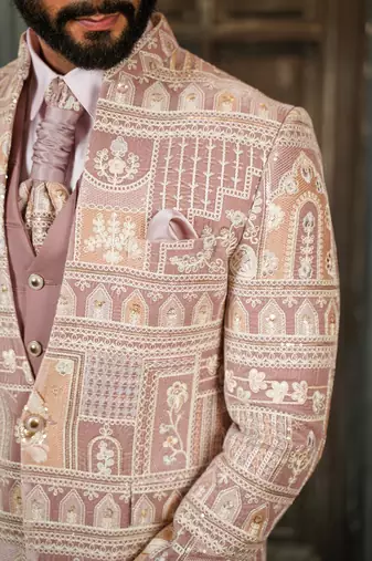 Velvet high neck suit with ethnic motif design embroidery and scarf
