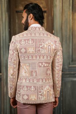 Velvet high neck suit with ethnic motif design embroidery and scarf 5