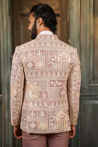 Velvet high neck suit with ethnic motif design embroidery and scarf