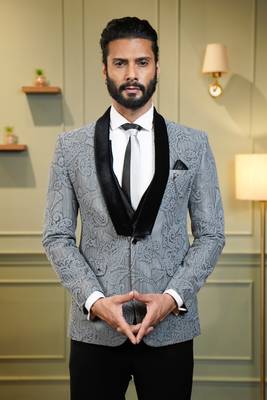 Grey netted suit with velvet embossed paisley design 1