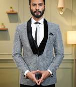 Grey netted suit with velvet embossed paisley design