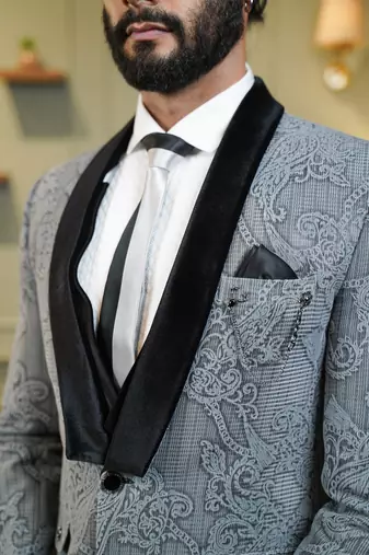 Grey netted suit with velvet embossed paisley design