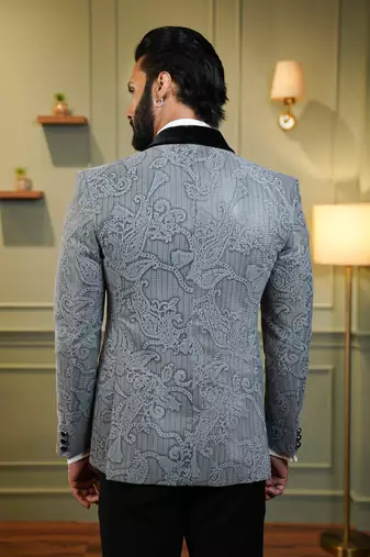 Grey netted suit with velvet embossed paisley design