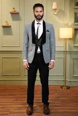 Grey netted suit with velvet embossed paisley design 4