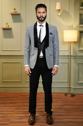 Grey netted suit with velvet embossed paisley design