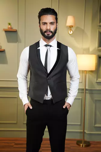 Grey netted suit with velvet embossed paisley design