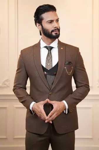 Brown suit with printed waistcoat
