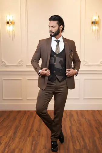 Brown suit with printed waistcoat