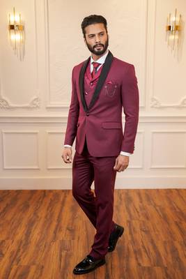 Red tuxedo with black detachable lapel and dual waistcoats 2