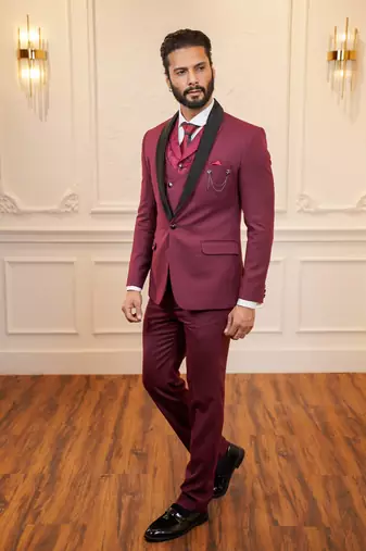 Red tuxedo with black detachable lapel and dual waistcoats