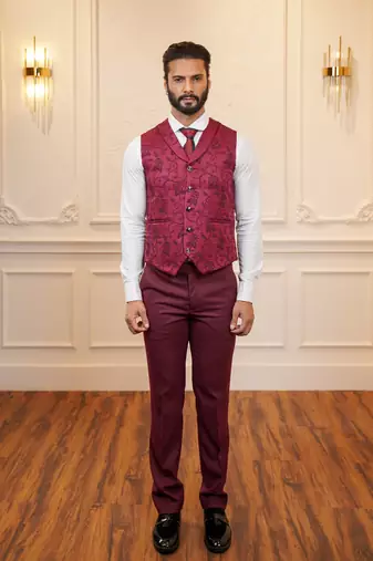 Red tuxedo with black detachable lapel and dual waistcoats