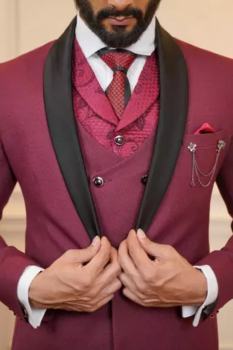 Red tuxedo with black detachable lapel and dual waistcoats