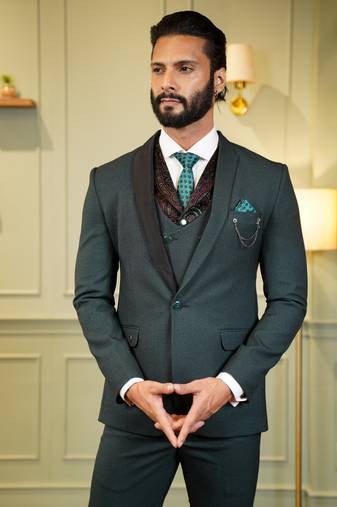 Green tuxedo with black detachable lapel and dual waistcoats